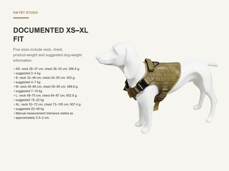 Documented XS–XL Fit detail on molle tactical dog harness set with bungee leash for wholesale buyers