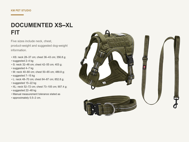 Documented XS–XL Fit detail on oxford tactical dog harness collar and leash set for wholesale buyers