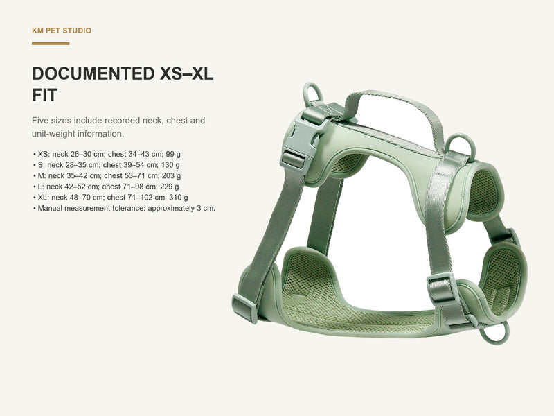 Documented XS–XL Fit detail on padded no pull dog harness with control handle for wholesale buyers
