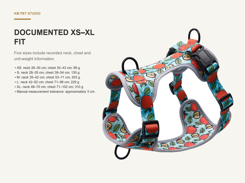 Documented XS–XL Fit detail on printed neoprene no pull dog harness for wholesale buyers