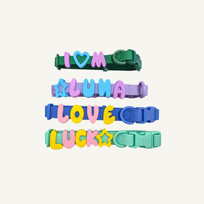 Four color matched personalized dog collars with raised letters and decorative charms displayed horizontally