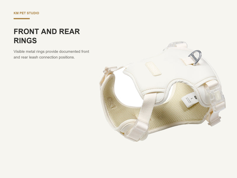Front and Rear Rings detail on soft mesh adjustable dog harness for wholesale buyers