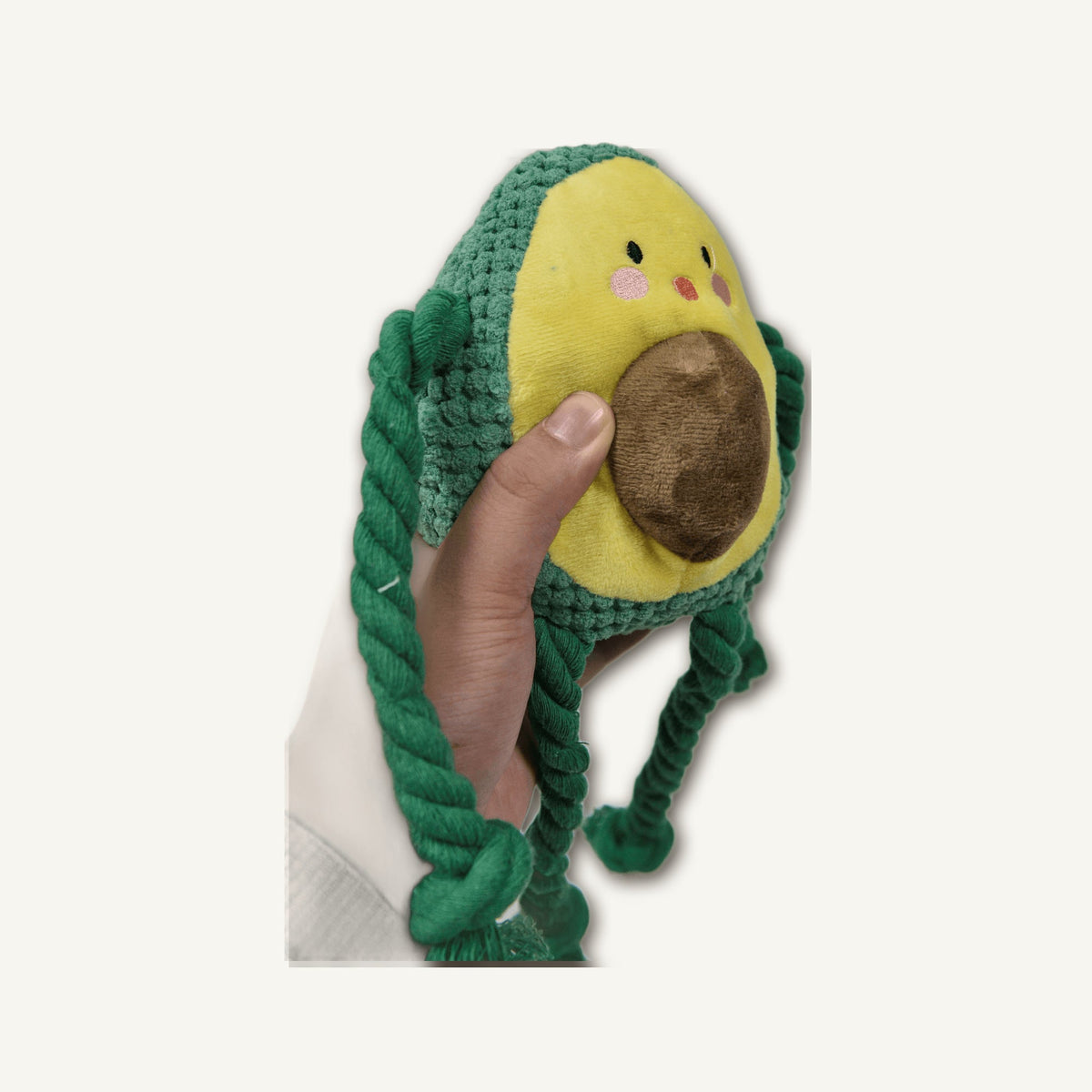 Plush Avocado with Cotton Rope – GMR046 construction detail view on warm neutral background for wholesale pet brands