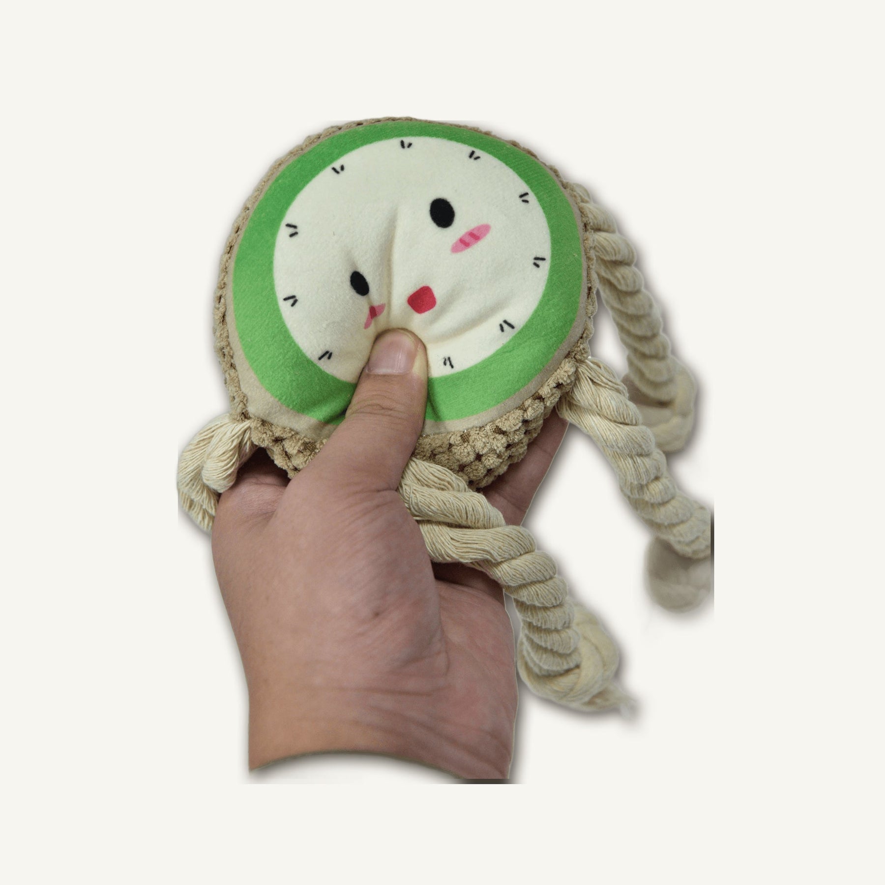Plush Kiwi with Cotton Rope – GMR048 construction detail view on warm neutral background for wholesale pet brands