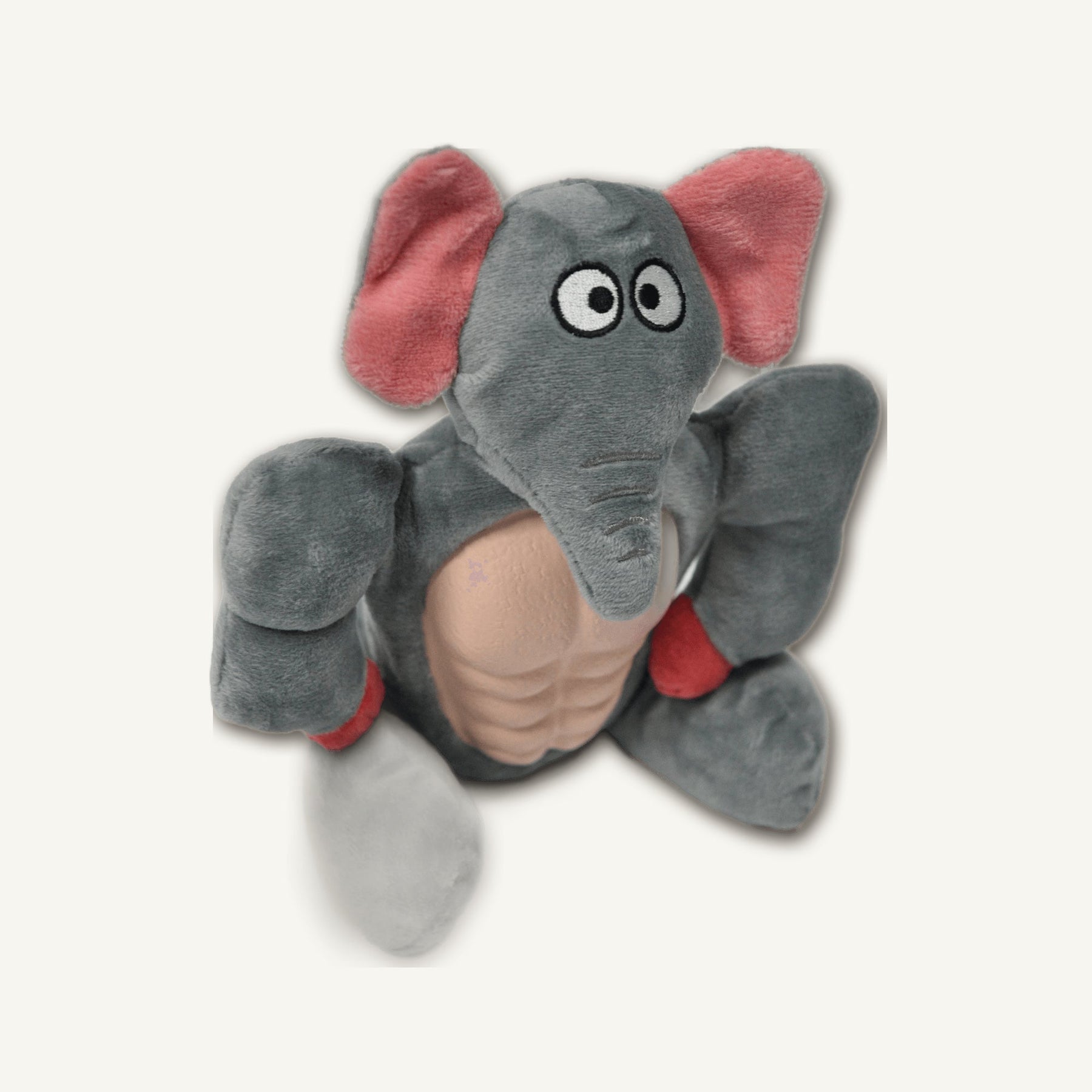 Small Muscle Elephant Rubber Plush Toy – GMX103 top perspective view on warm neutral background for wholesale pet brands