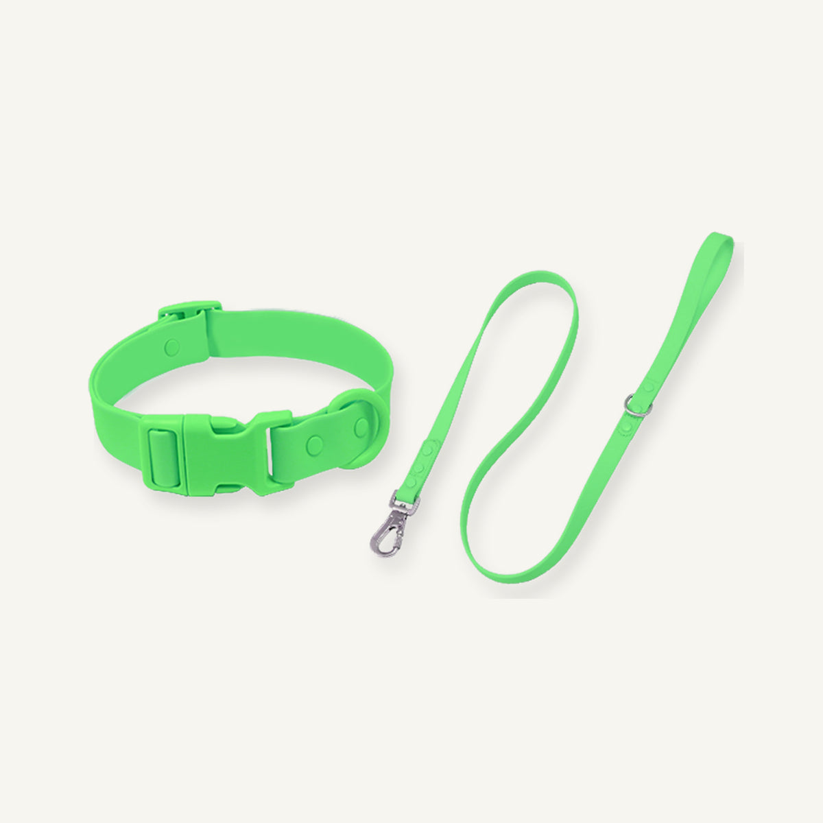 Green PVC quick release collar leash set showing matching buckle and lead construction