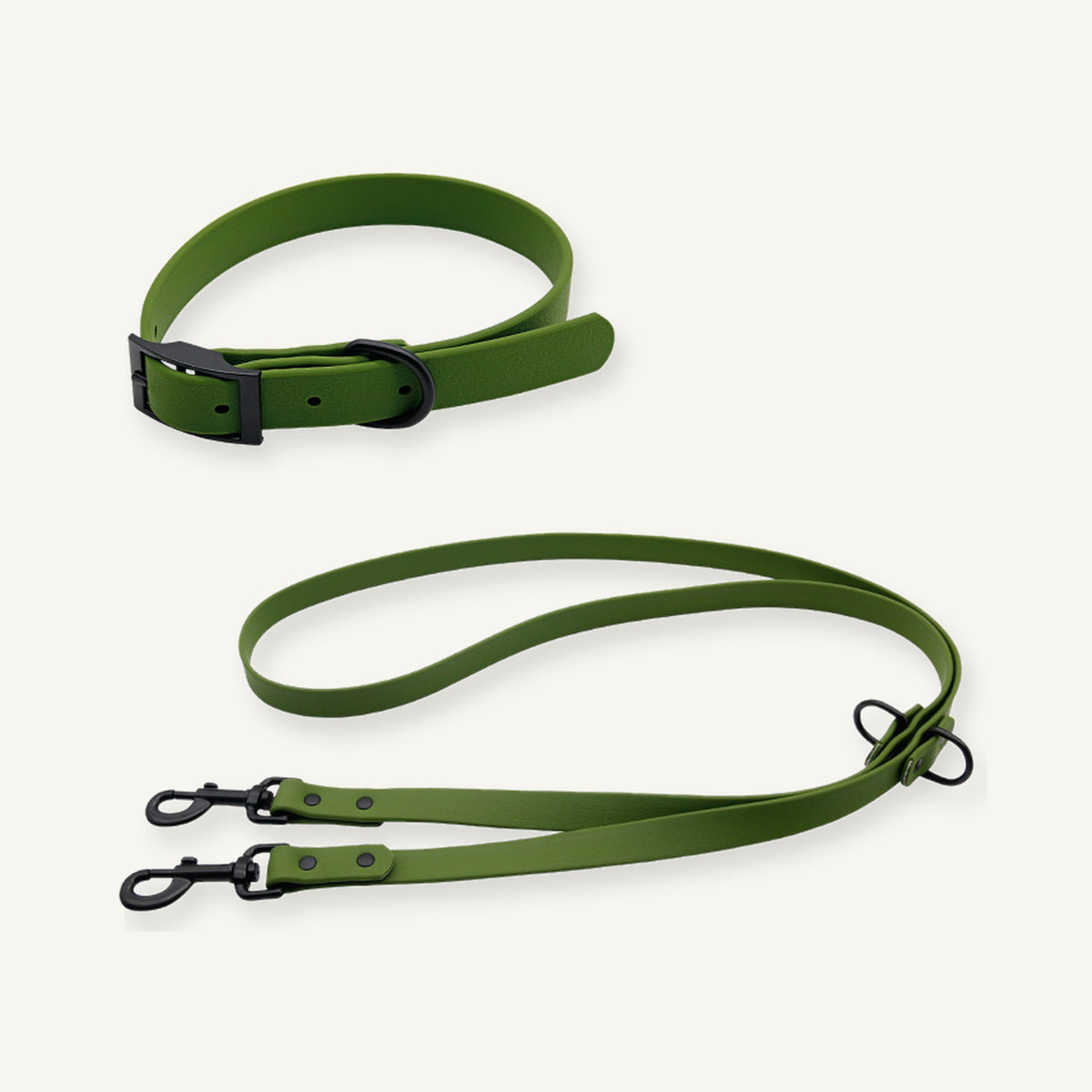 Green embossed PVC dog collar leash set showing collar and dual ended lead