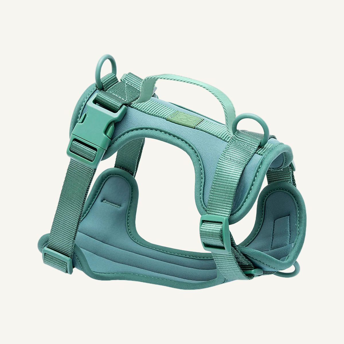 Green padded no pull dog harness with control handle catalogue view for private label buyers