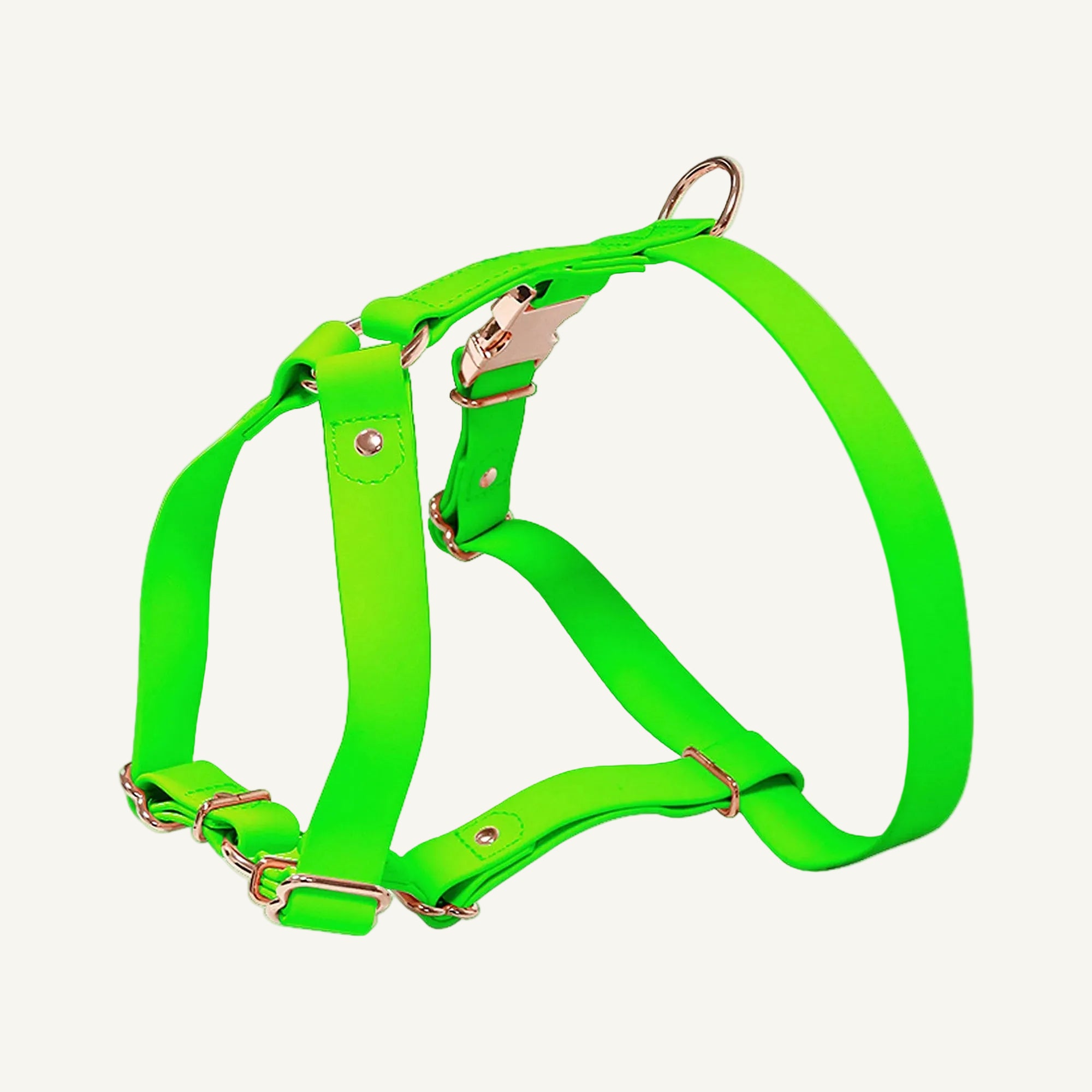 Green pvc dog harness with rose gold tone hardware catalogue view for private label buyers