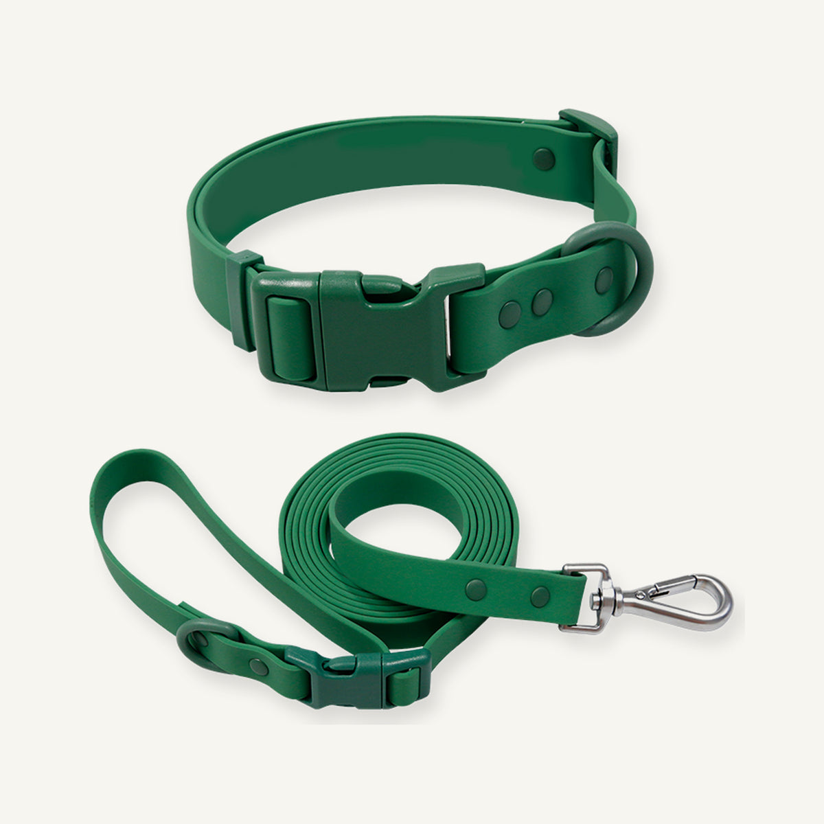 Green solid PVC dog collar leash set showing collar lead and metal clip
