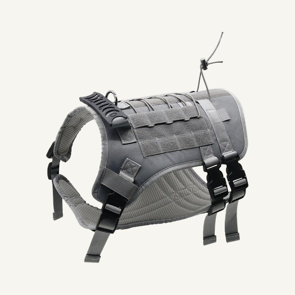 Grey tactical padded dog harness with molle panel catalogue view for private label buyers