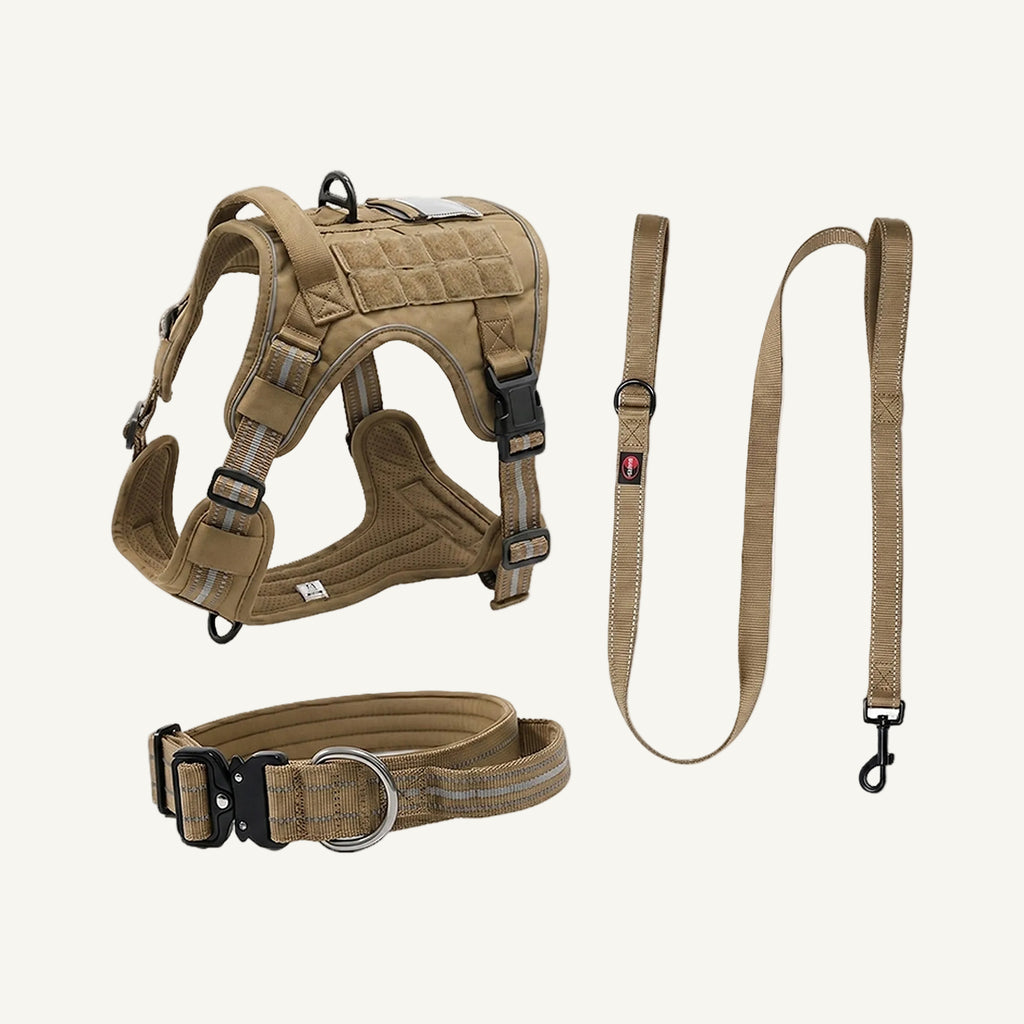 Khaki Set oxford tactical dog harness collar and leash set catalogue view for private label buyers
