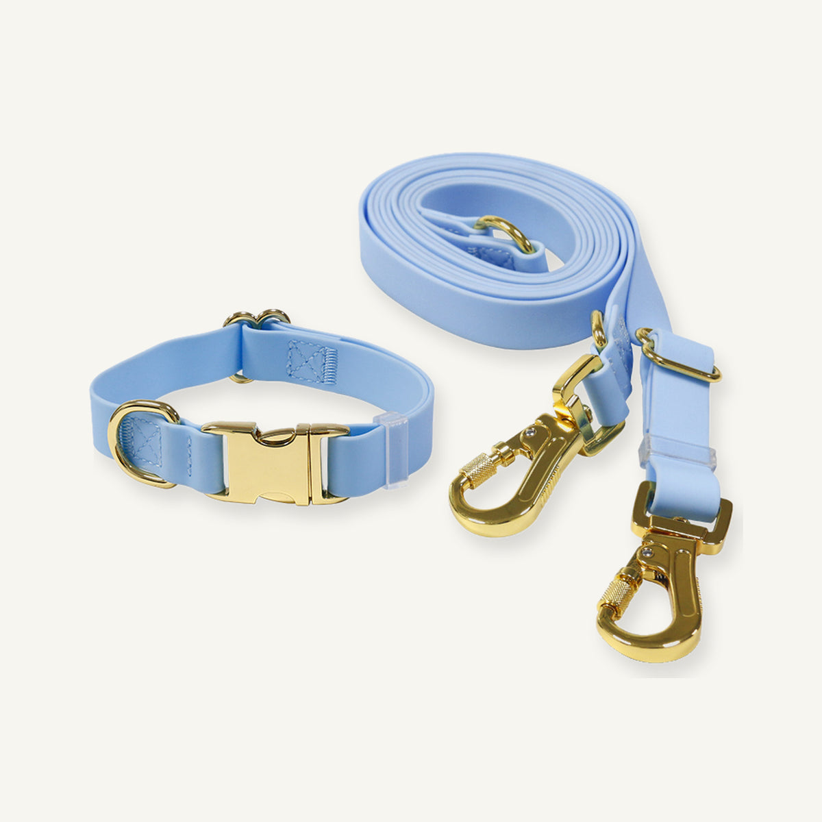 Light blue PVC dog collar leash set with coordinated gold tone metal hardware