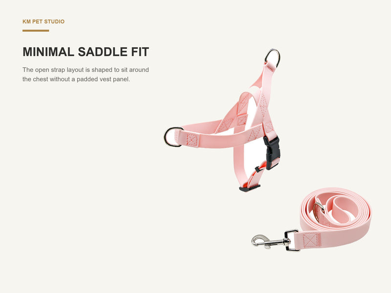 Minimal Saddle Fit detail on pvc strap dog harness and leash set for wholesale buyers
