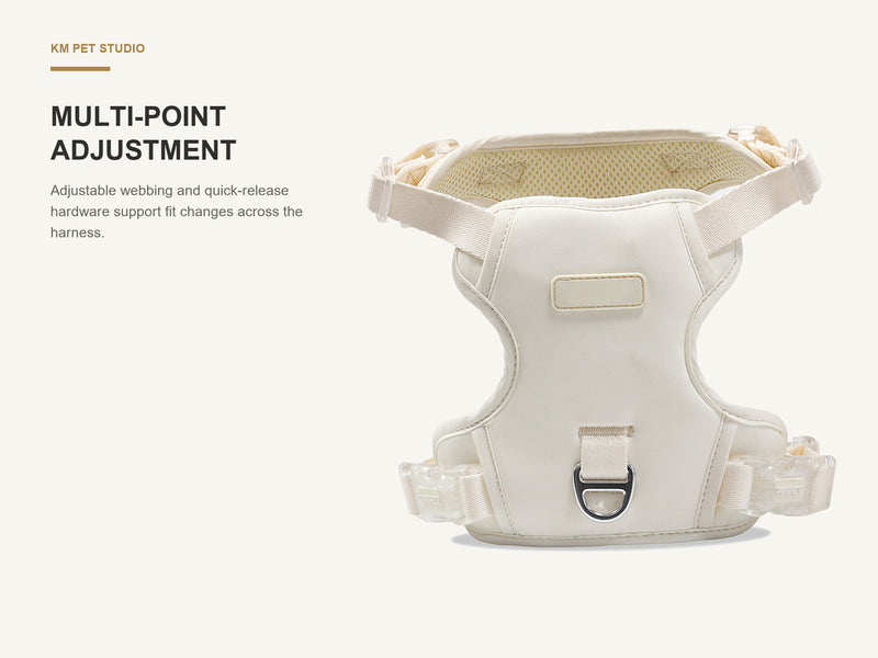 Multi-Point Adjustment detail on soft mesh adjustable dog harness for wholesale buyers