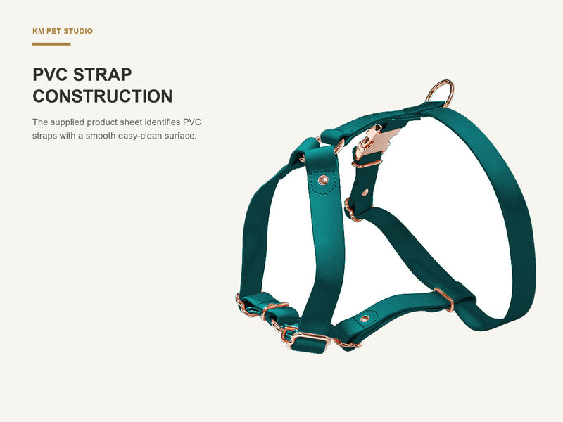 PVC Strap Construction detail on pvc dog harness with rose gold tone hardware for wholesale buyers