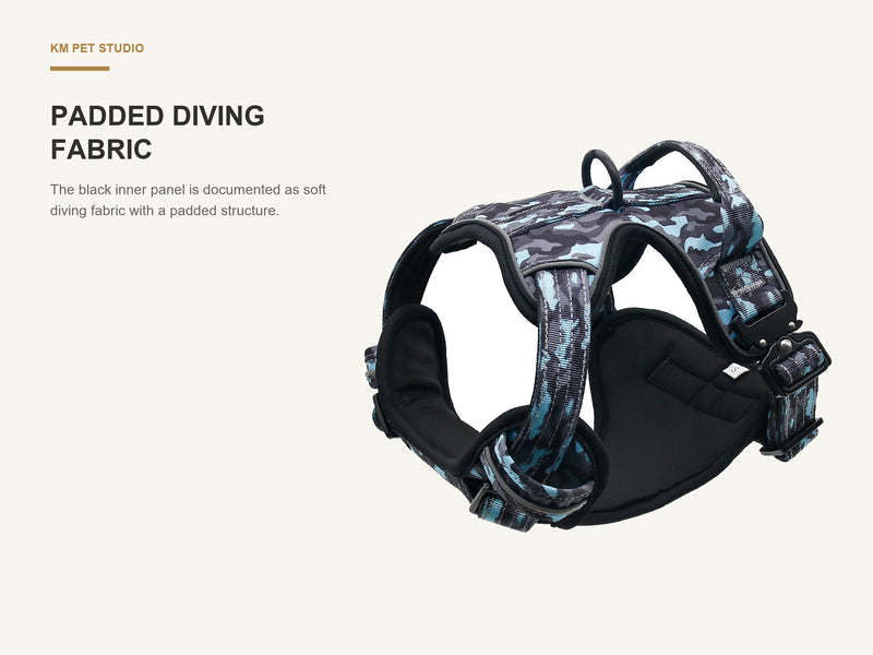 Padded Diving Fabric detail on camouflage oxford dog harness collar and leash set for wholesale buyers