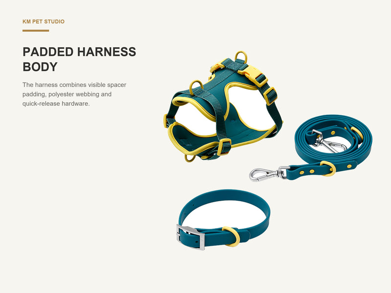 Padded Harness Body detail on two tone dog harness collar and leash set for wholesale buyers