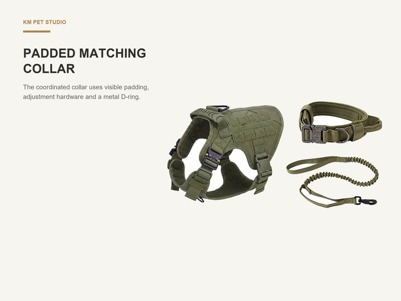Padded Matching Collar detail on molle tactical dog harness set with bungee leash for wholesale buyers