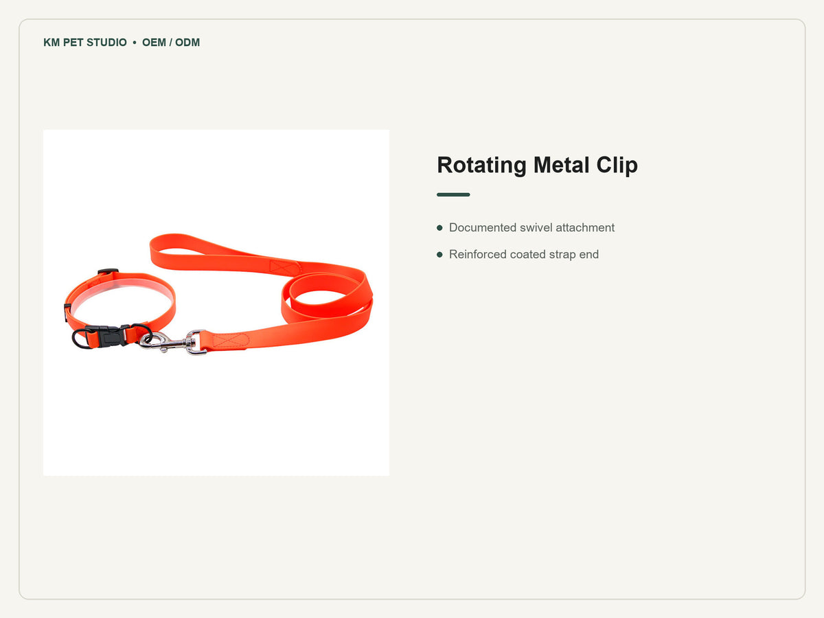 Padded PVC dog collar leash set close detail showing the rotating metal lead clip