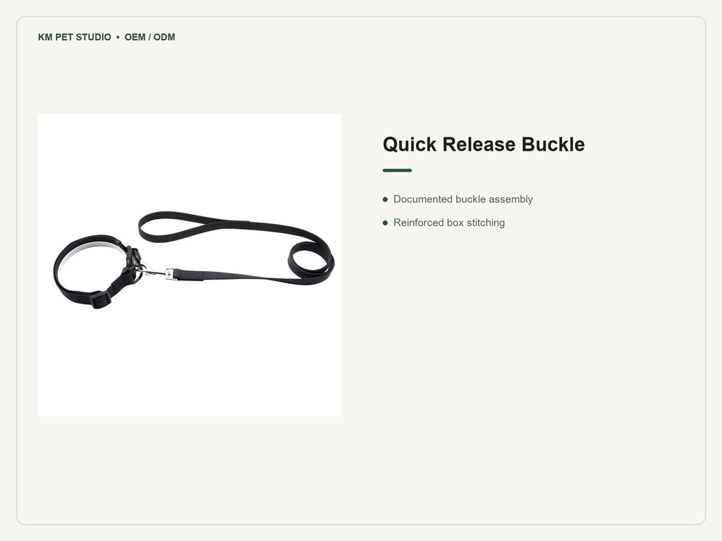 Padded PVC dog collar leash set detail showing quick release buckle and stitching