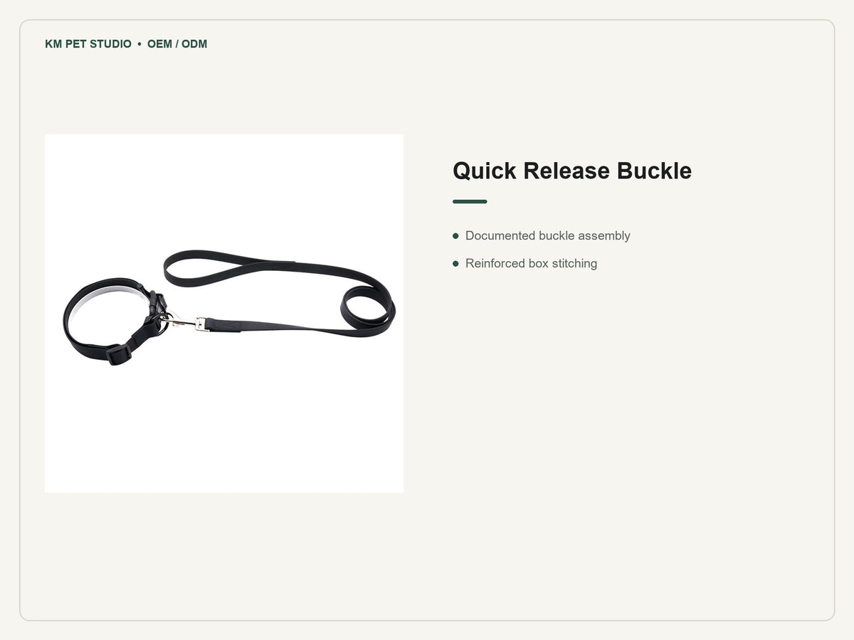 Padded PVC dog collar leash set detail showing quick release buckle and stitching