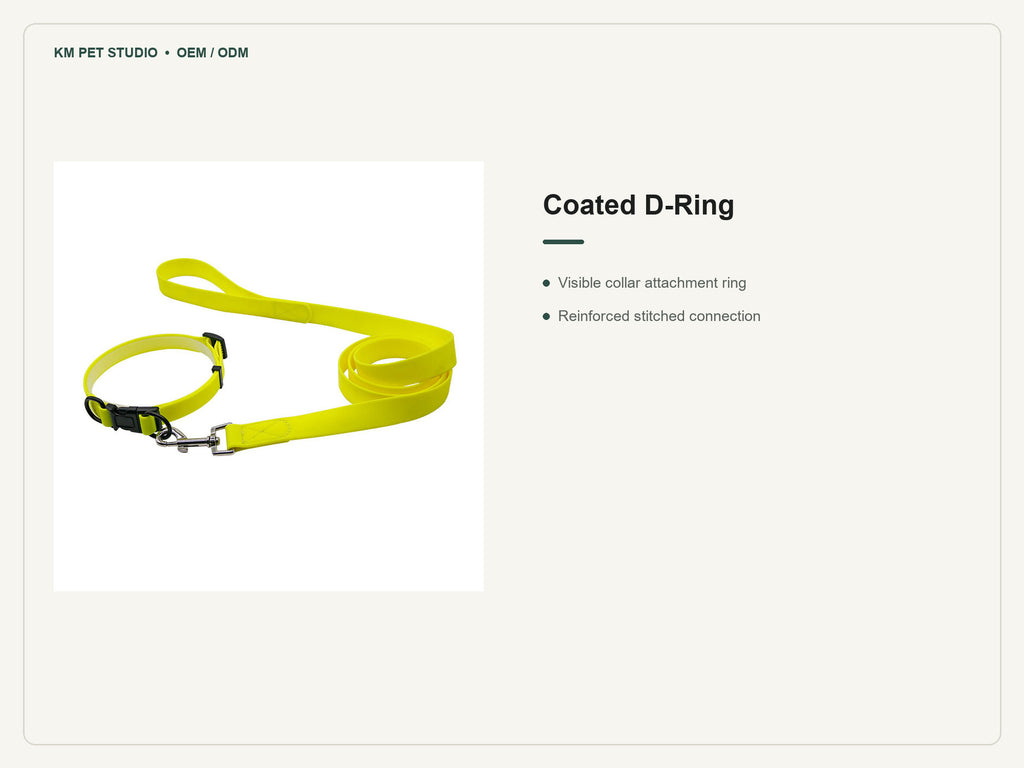 Padded PVC quick release collar leash set close detail showing the coated D ring