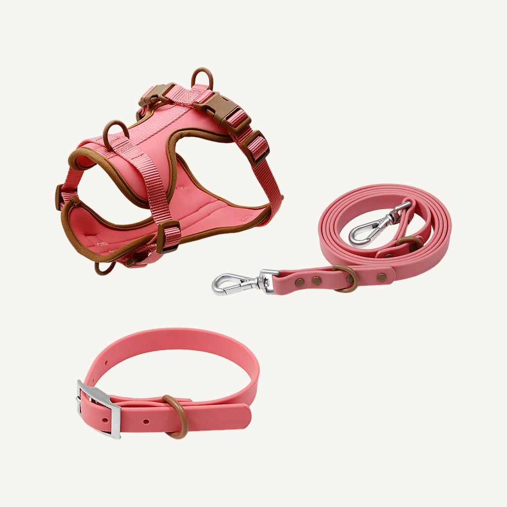 Pink Brown two tone dog harness collar and leash set catalogue view for private label buyers