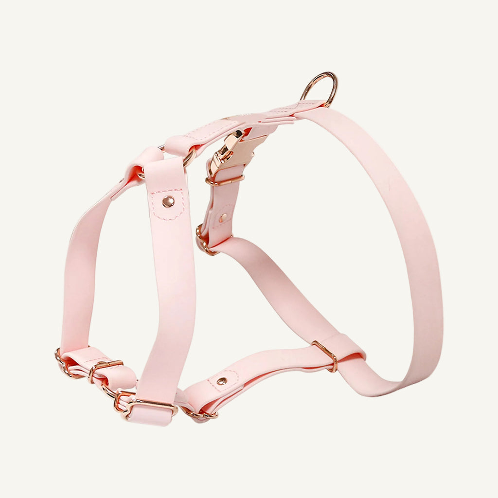Pink pvc dog harness with rose gold tone hardware catalogue view for private label buyers
