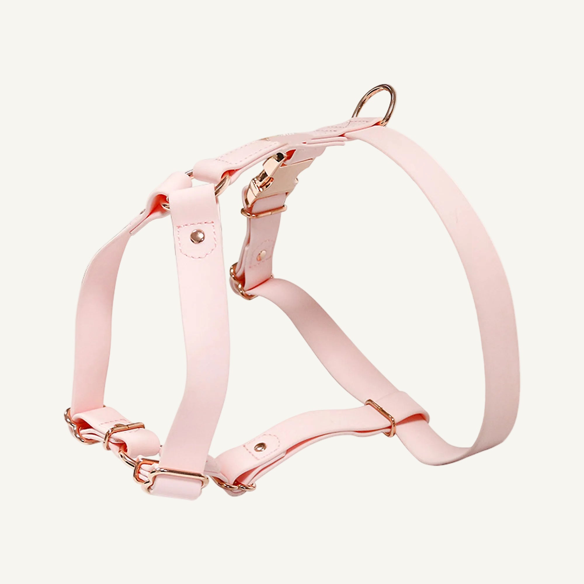 Pink pvc dog harness with rose gold tone hardware catalogue view for private label buyers