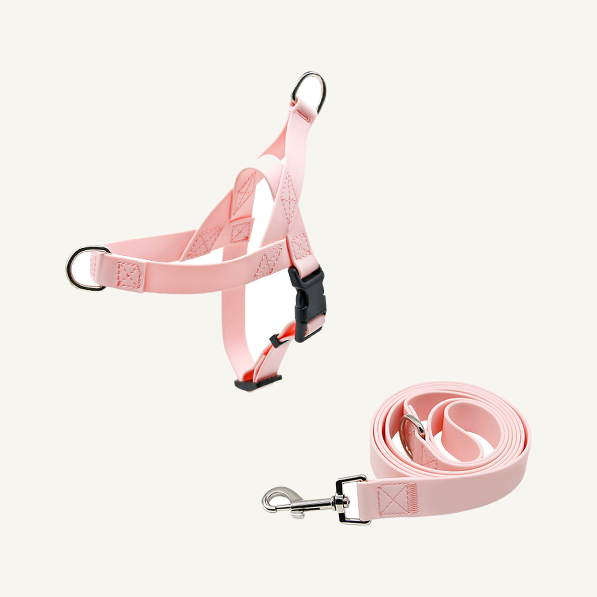 Pink pvc strap dog harness and leash set catalogue view for private label buyers