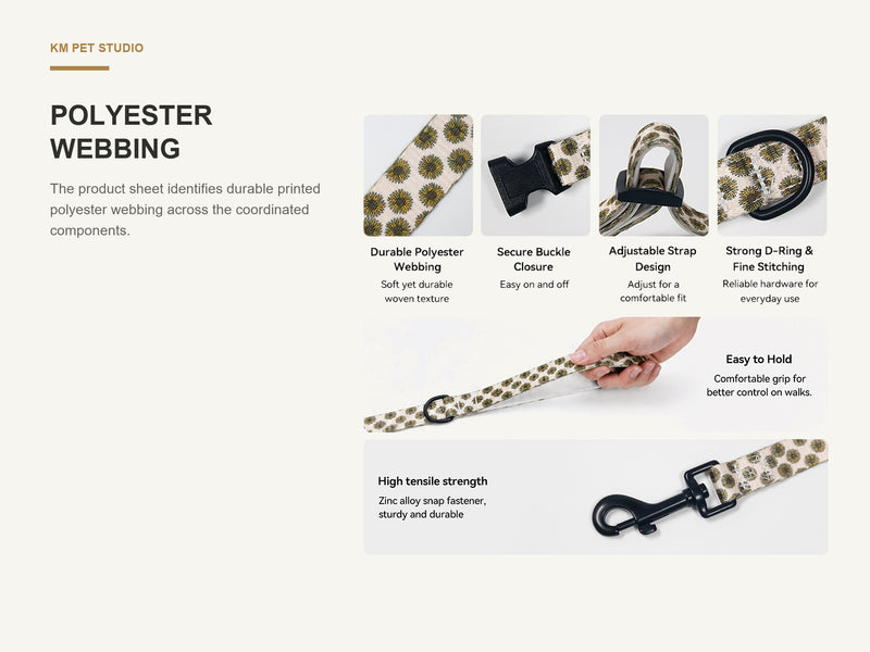 Polyester Webbing detail on printed polyester dog harness collar and leash set for wholesale buyers