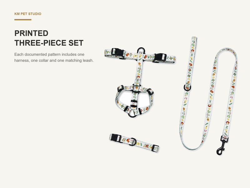 Printed Three-Piece Set detail on printed polyester dog harness collar and leash set for wholesale buyers