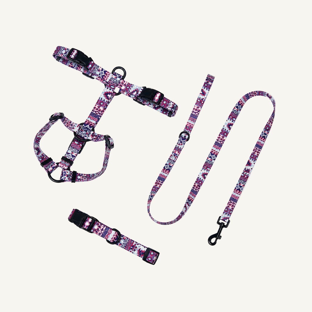 Purple Floral printed polyester dog harness collar and leash set catalogue view for private label buyers