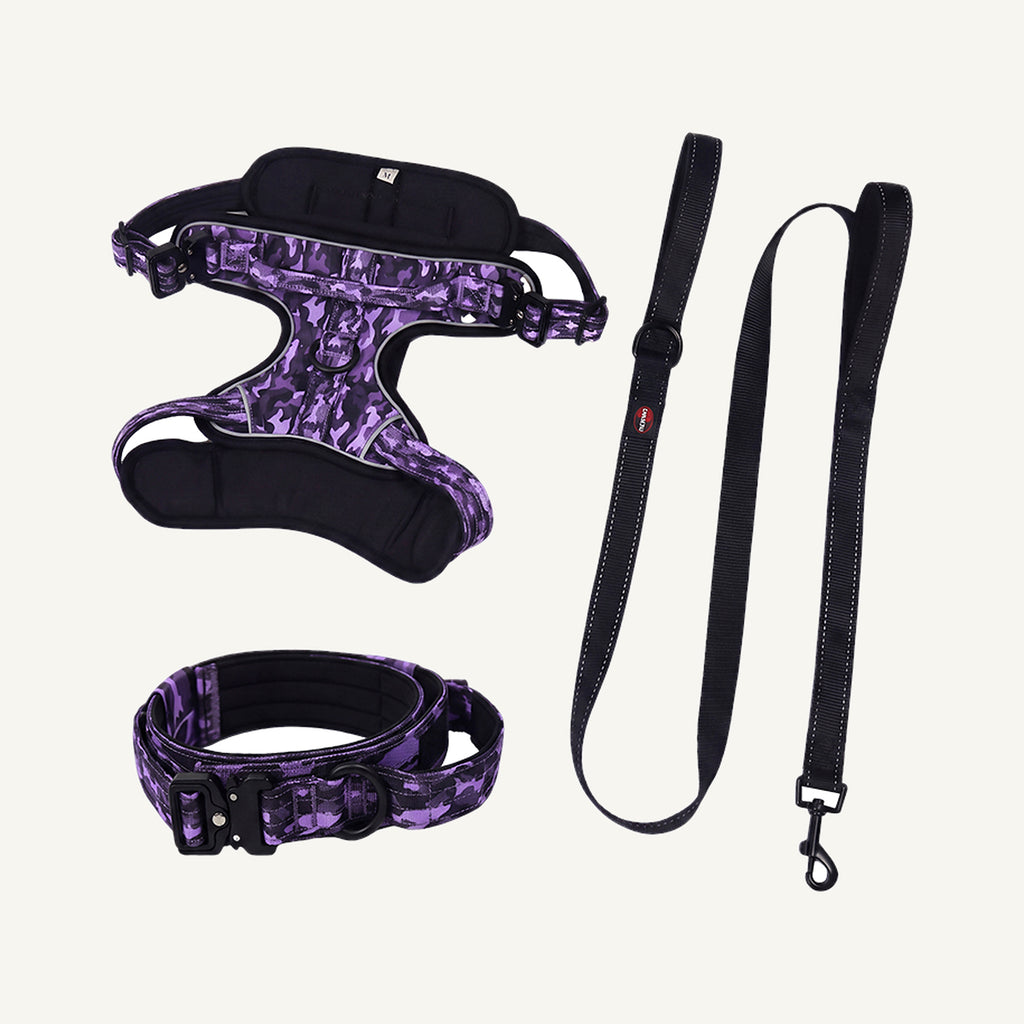 Purple Set camouflage oxford dog harness collar and leash set catalogue view for private label buyers