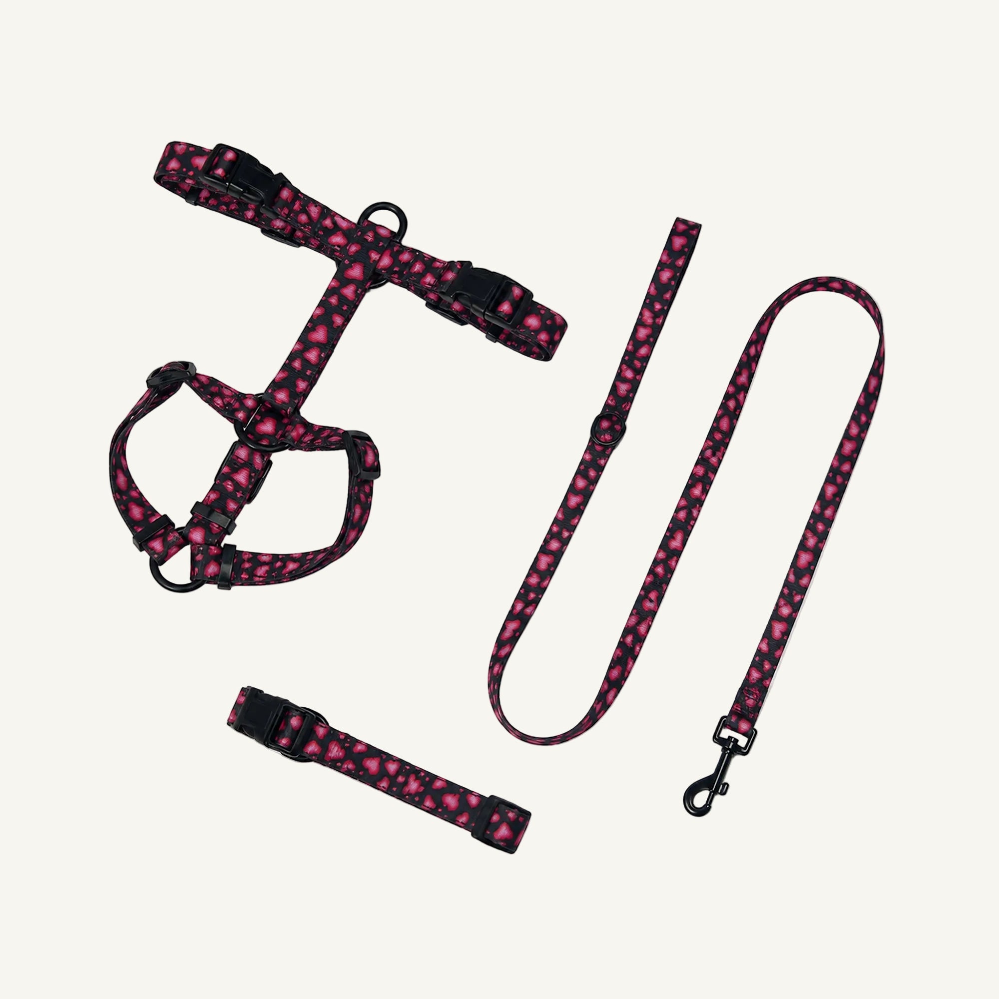 Red Black printed polyester dog harness collar and leash set catalogue view for private label buyers