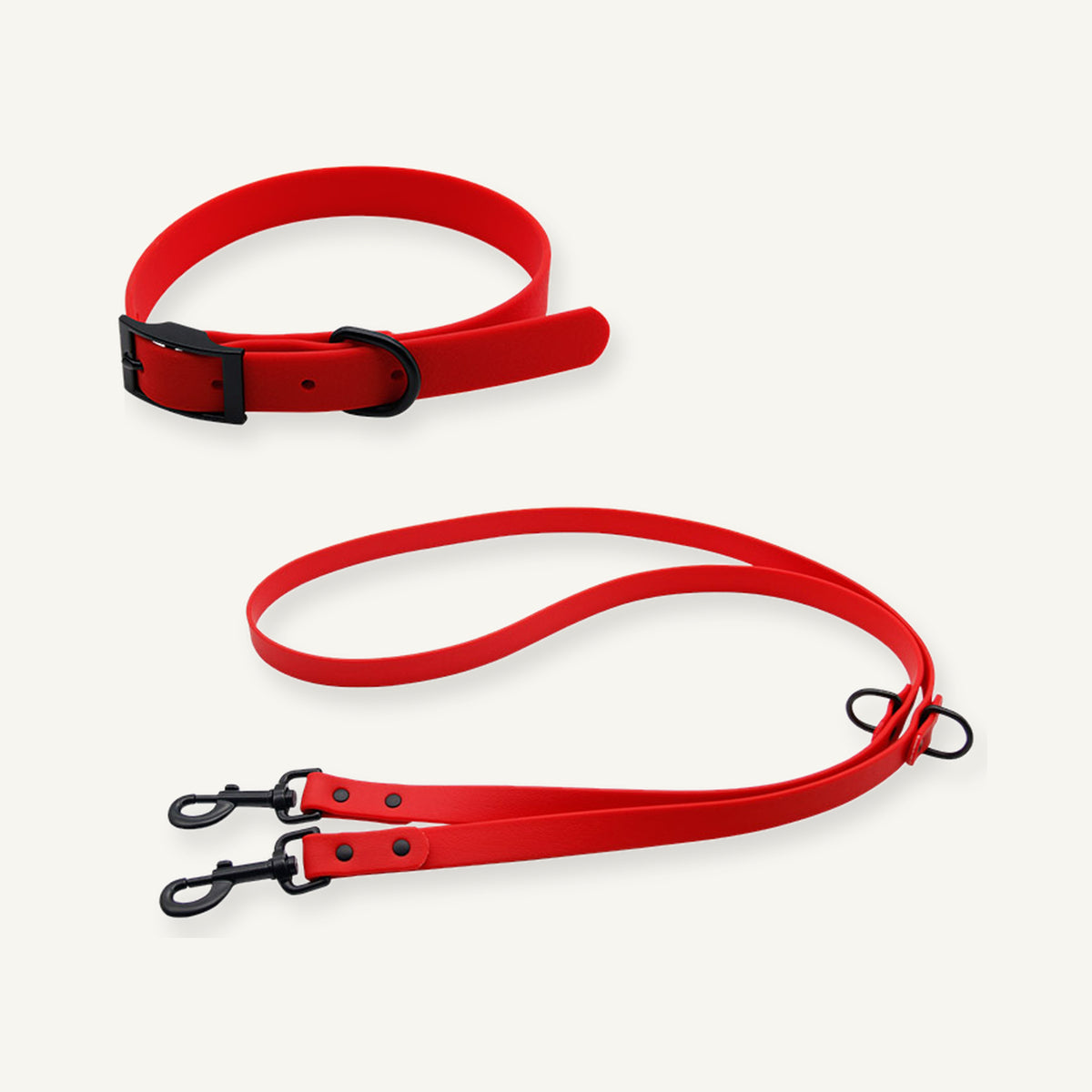 Red embossed PVC dog collar and multifunction leash with matching strap finish