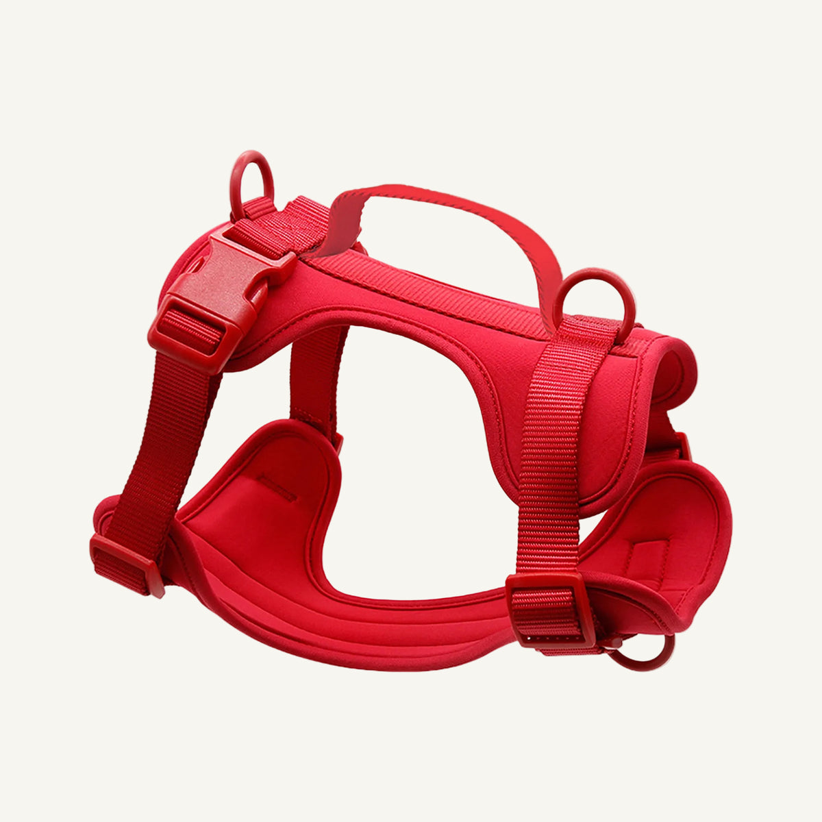 Red padded no pull dog harness with control handle catalogue view for private label buyers