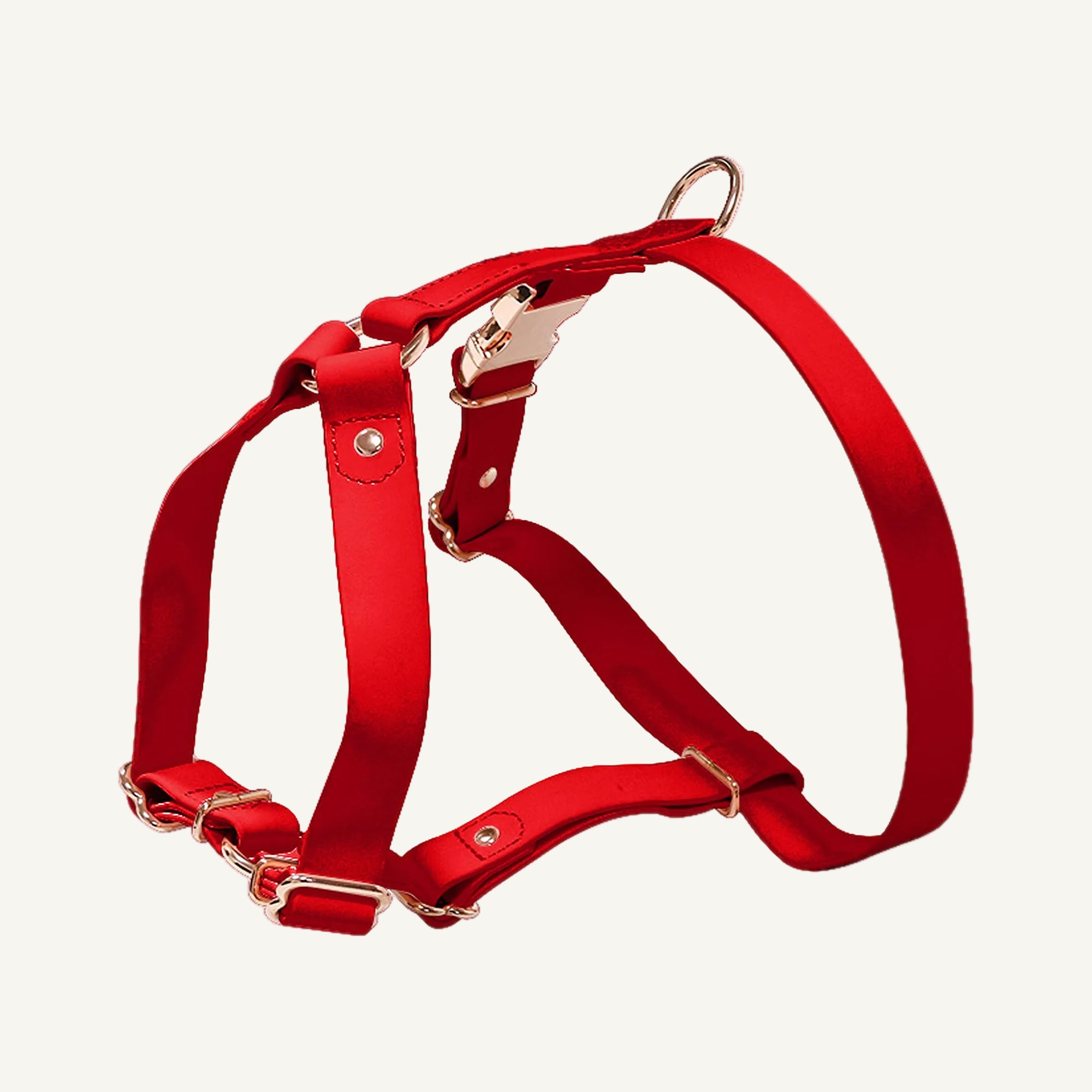 Red pvc dog harness with rose gold tone hardware catalogue view for private label buyers