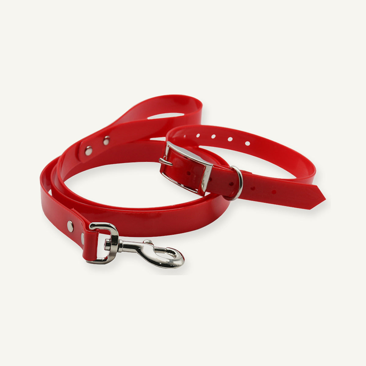 Red solid TPU dog collar leash set showing pin buckle and swivel clip