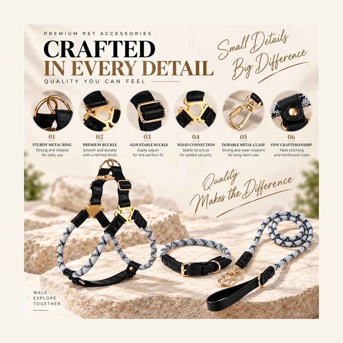 Reflective Rope Dog Harness Collar and Leash Set