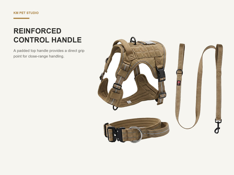 Reinforced Control Handle detail on oxford tactical dog harness collar and leash set for wholesale buyers
