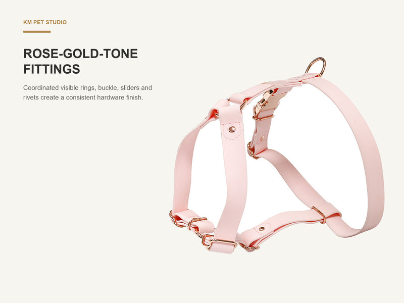 Rose-Gold-Tone Fittings detail on pvc dog harness with rose gold tone hardware for wholesale buyers