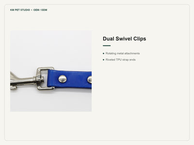 TPU double dog leash coupler close detail showing a swivel clip and riveted strap