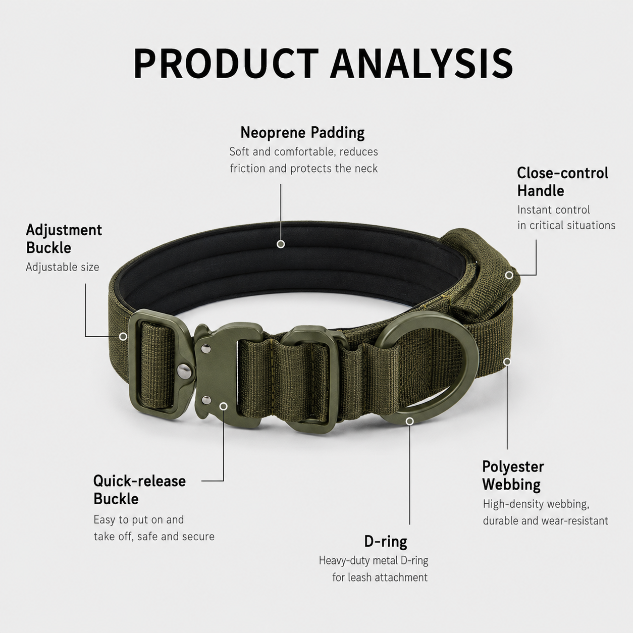 Heavy Duty Tactical Dog Collar with Aluminum Buckle and Control Handle