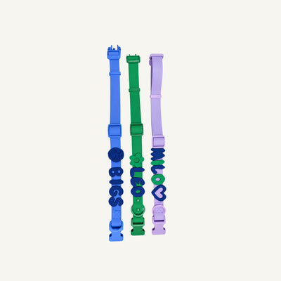 Three personalized dog collar lengths showing adjustable straps colorful charms and matching hardware