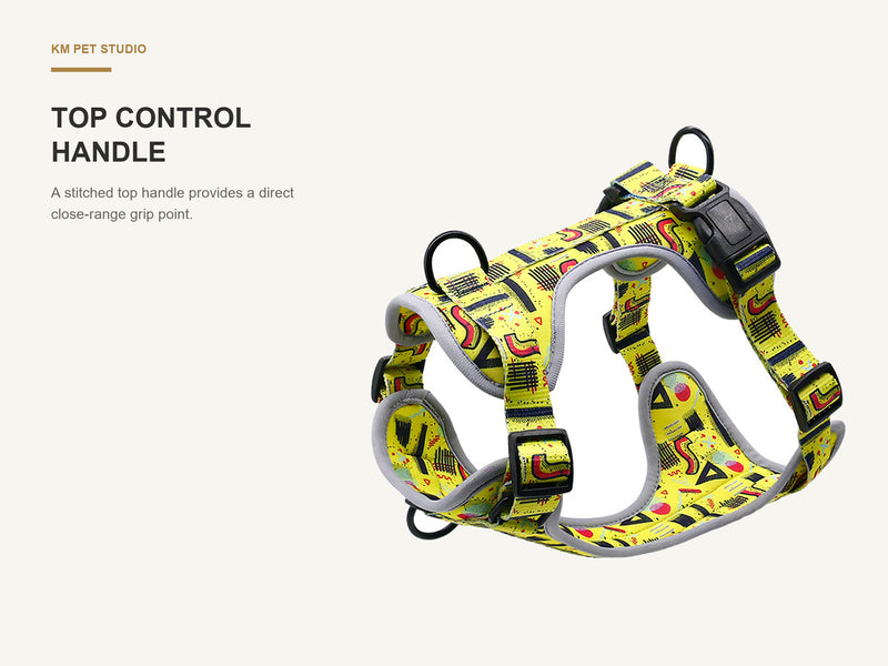Top Control Handle detail on printed neoprene no pull dog harness for wholesale buyers