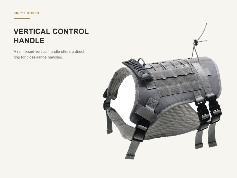 Vertical Control Handle detail on tactical padded dog harness with molle panel for wholesale buyers