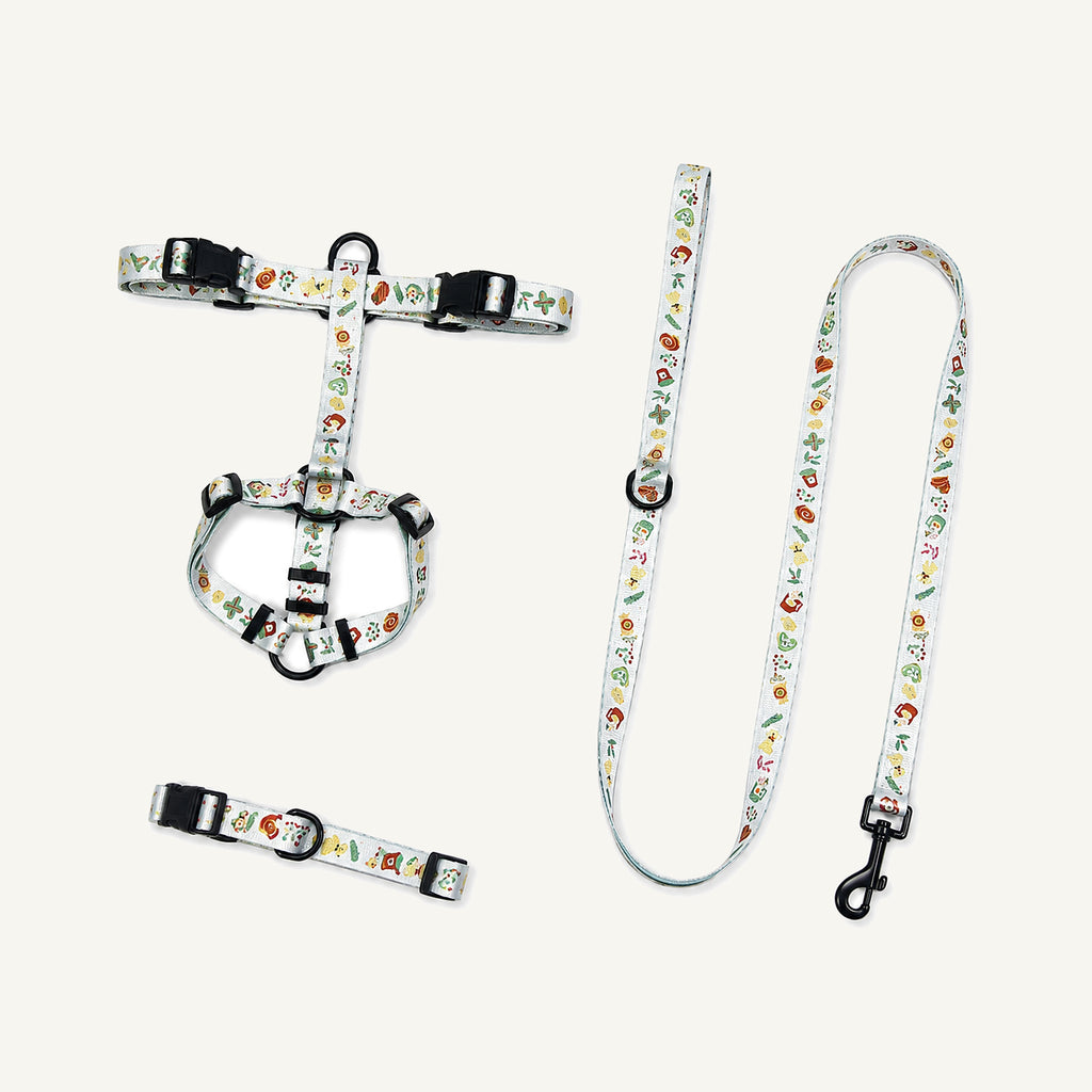 White Floral printed polyester dog harness collar and leash set catalogue view for private label buyers