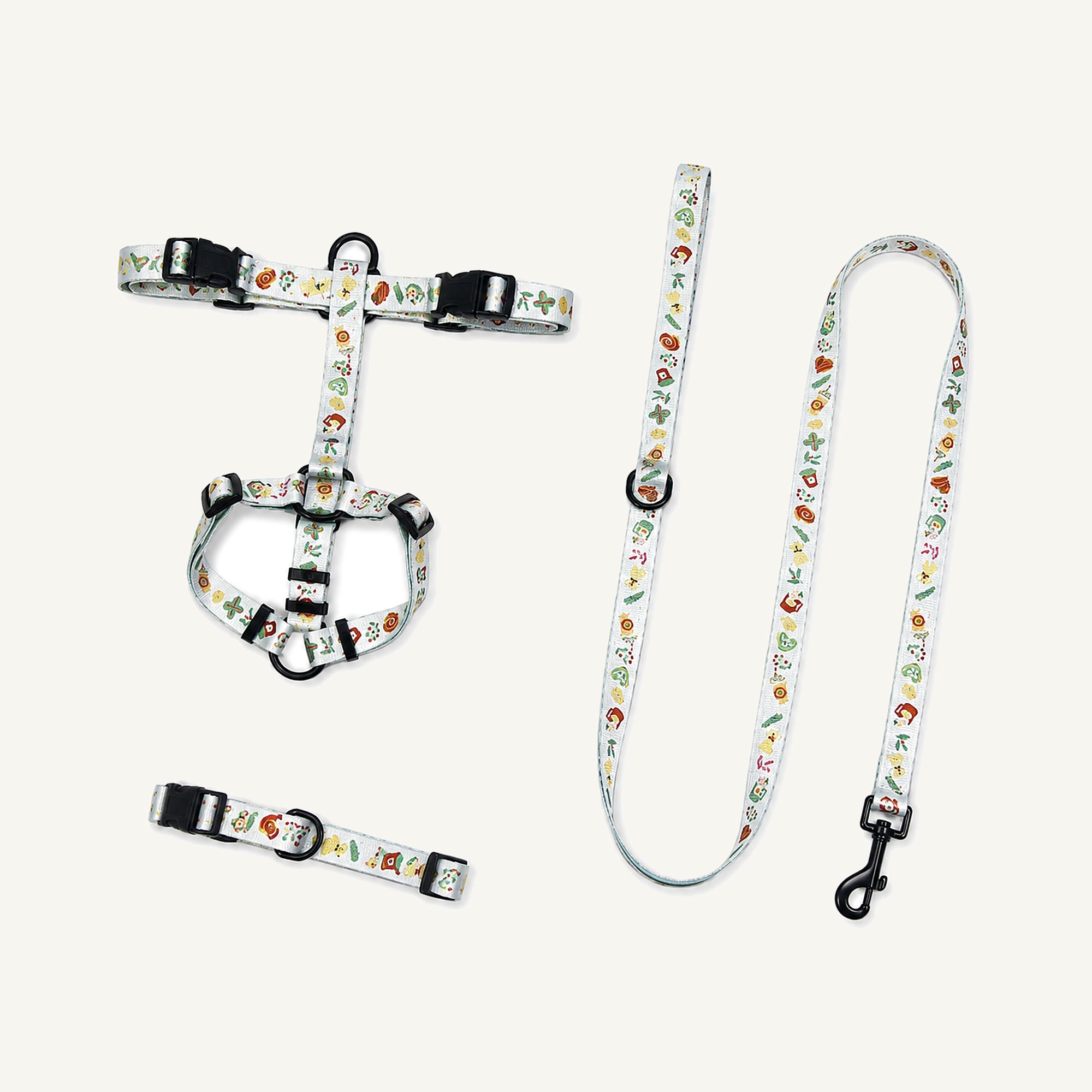 White Floral printed polyester dog harness collar and leash set catalogue view for private label buyers